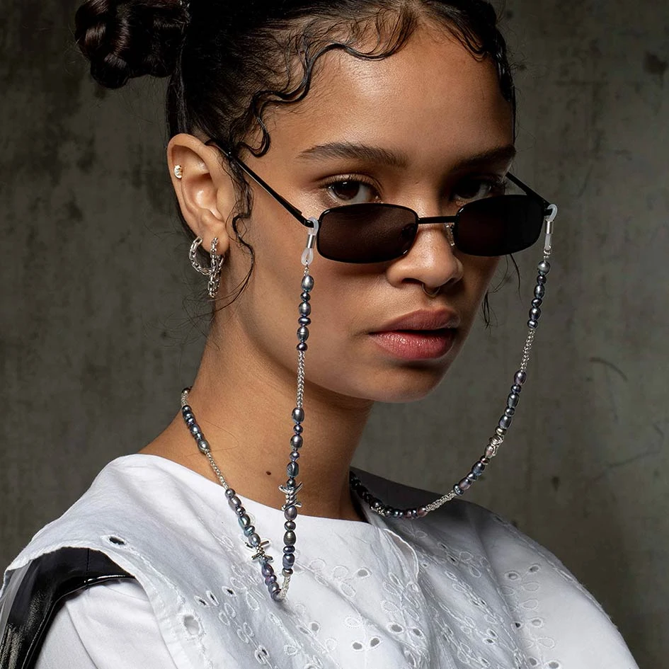 SS22 DIVINE. Barbed Wire & Black Pearl Sunglasses Chain - Silver New In 2 SS22 DIVINE. Barbed Wire & Black Pearl Sunglasses Chain - Silver New In