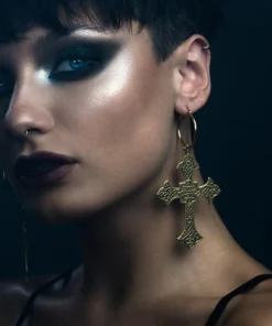 End Of Line OPHELIA. Gothic Cross Hoop Earrings - Gold