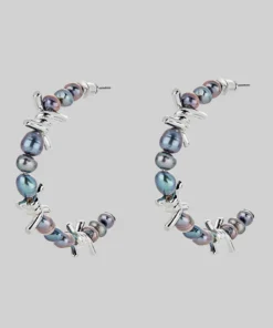 SS22 RUTHLESS. Barbed Wire & Black Pearl Large Hoop Earrings - Silver
