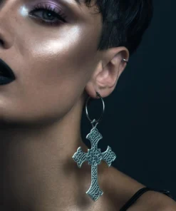 End Of Line OPHELIA. Gothic Cross Hoop Earrings - Silver