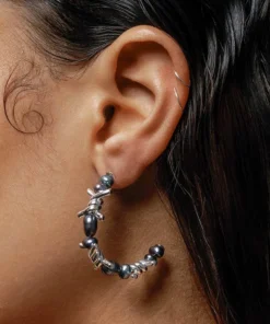 SS22 RUTHLESS. Barbed Wire & Black Pearl Hoop Earrings - Silver