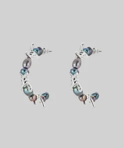 SS22 RUTHLESS. Barbed Wire & Black Pearl Hoop Earrings - Silver