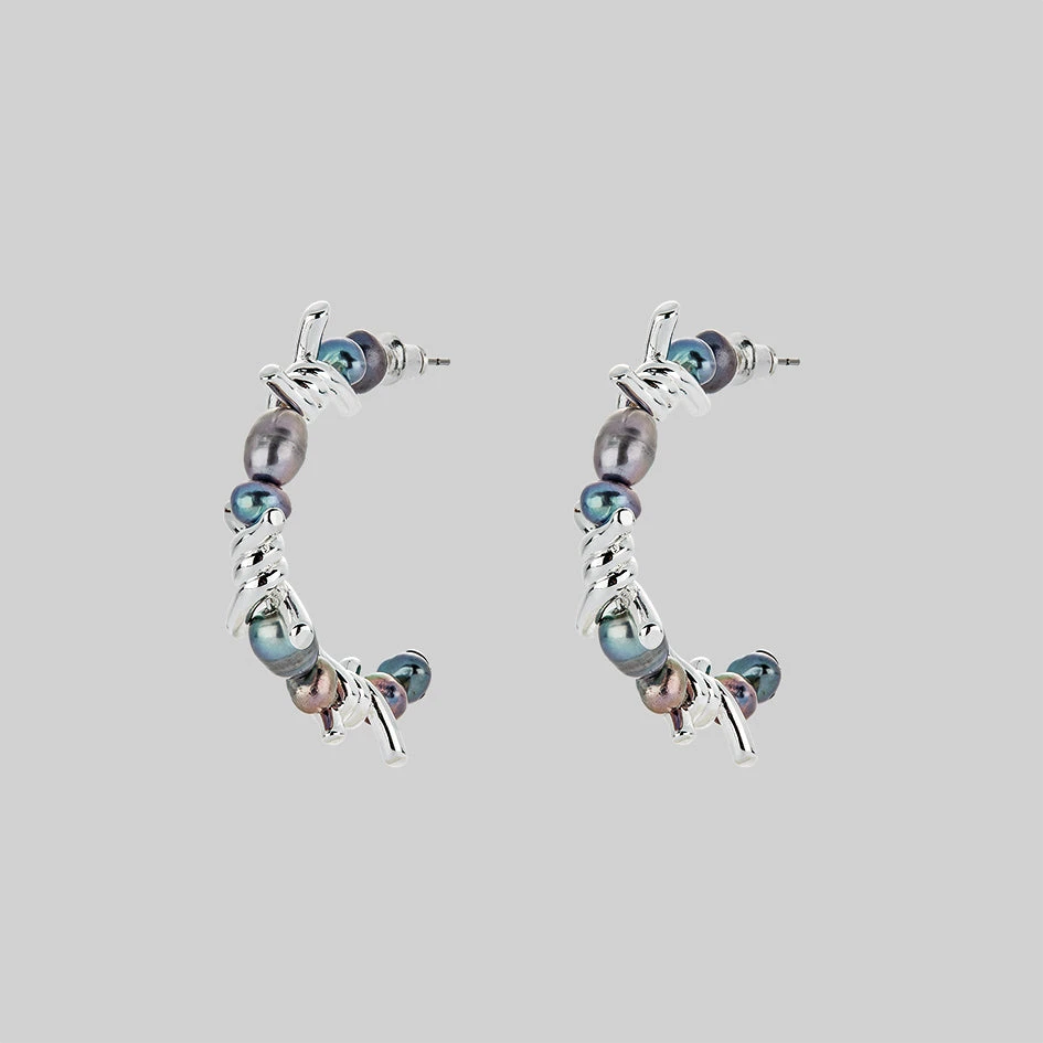 SS22 RUTHLESS. Barbed Wire & Black Pearl Hoop Earrings - Silver 1 SS22 RUTHLESS. Barbed Wire & Black Pearl Hoop Earrings - Silver