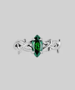 SS22 Rings REVIVAL. Green CZ Thorn Band Ring - Silver