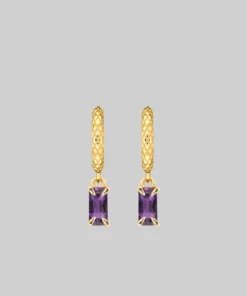 CLASSICS NYMPH. Dangly Amethyst Rectangle Hoop Earrings - Gold