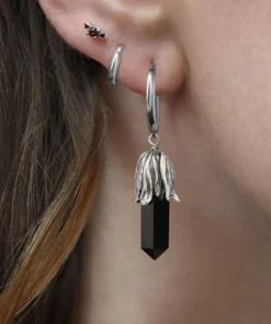 CLASSICS DEATH BLOOM. Black Agate Gemstone Earrings - Silver