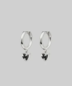 CLASSICS HEART & SOUL. Black Spinel Dangly Heart Hoop Earrings - Silver
