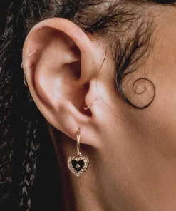 CLASSICS SOLEMN. Black Enamel Heart Hoop Earrings - Gold