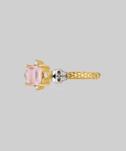 VALENTINES 2022 Rings STAR CROSSED LOVERS. Rose Quartz & Skulls Ring - Gold
