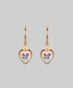 End Of Line NANCY. Two Roses Engraved Glass Heart Earrings - Gold