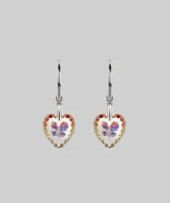 End Of Line NANCY. Two Roses Engraved Glass Heart Earrings - Silver