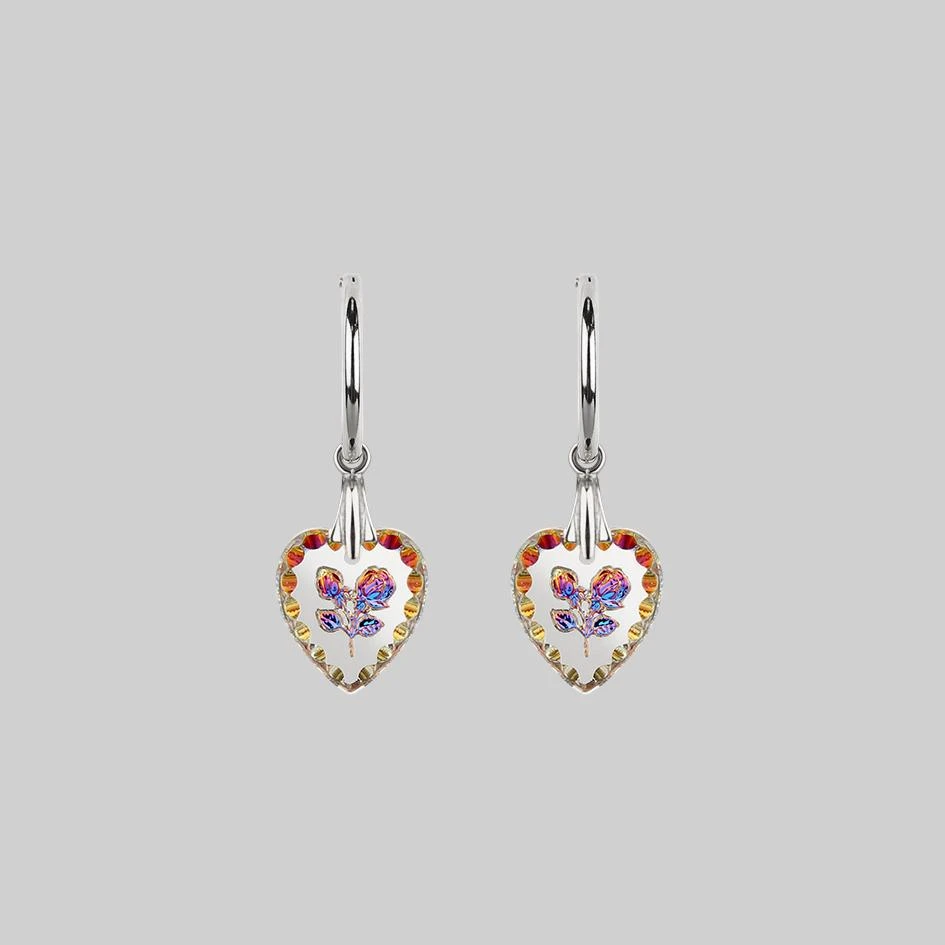 End Of Line NANCY. Two Roses Engraved Glass Heart Earrings - Silver 2 End Of Line NANCY. Two Roses Engraved Glass Heart Earrings - Silver