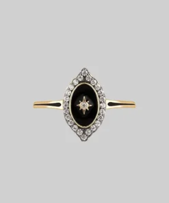 CLASSICS REVERENCE. Oval Black Enamel Crystal Gold Ring Rings