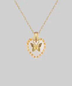CLASSICS NEW DAWN. Butterfly Engraved Glass Heart Necklace - Gold