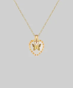 CLASSICS NEW DAWN. Butterfly Engraved Glass Heart Necklace - Gold