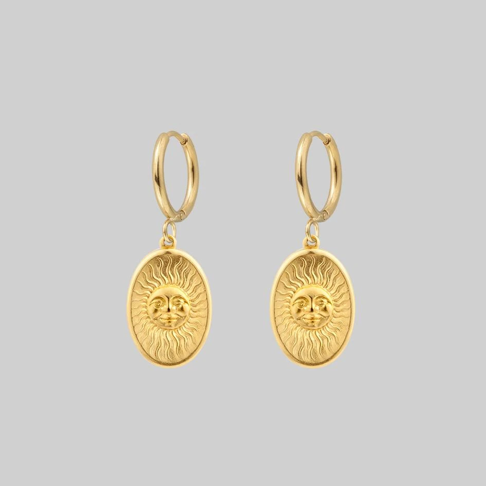 CLASSICS DAWN. Symbolic Sun Face Hoop Earrings - Gold 1 CLASSICS DAWN. Symbolic Sun Face Hoop Earrings - Gold