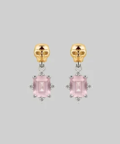 VALENTINES 2022 STAR CROSSED LOVERS. Rose Quartz & Skull Earrings - Silver