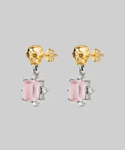 VALENTINES 2022 STAR CROSSED LOVERS. Rose Quartz & Skull Earrings - Silver