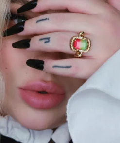 BLACK FRIDAY 2021 MALICE. Tourmaline CZ Coiled Snake Cocktail Ring - Gold