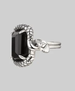 BLACK FRIDAY 2021 MALICE. Black Spinel Coiled Snake Cocktail Ring - Silver