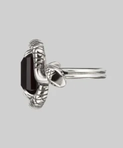 BLACK FRIDAY 2021 MALICE. Black Spinel Coiled Snake Cocktail Ring - Silver