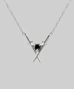 AW21 ABJURE. Crossed Swords & Onyx Heart Necklace - Silver