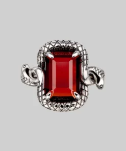BLACK FRIDAY 2021 MALICE. Garnet CZ Coiled Snake Cocktail Ring - Silver Rings