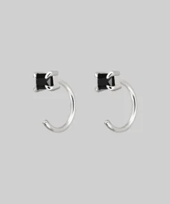 CLASSICS Rectangle Black Spinel Huggie Hoop Earrings - Silver