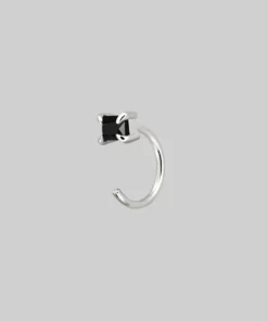CLASSICS Rectangle Black Spinel Huggie Hoop Earrings - Silver