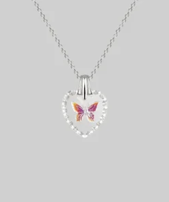 CLASSICS NEW DAWN. Butterfly Engraved Glass Heart Necklace - Silver Necklaces & Chains