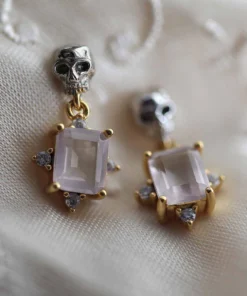 VALENTINES 2022 STAR CROSSED LOVERS. Rose Quartz & Skull Earrings - Gold
