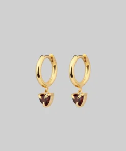 CLASSICS HEART & SOUL. Garnet Dangly Heart Hoop Earrings - Gold