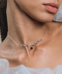 End Of Line DAMASK. Black Spinel Rose Foliage Collar Necklace - Silver Necklaces & Chains