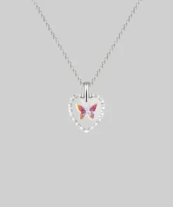 CLASSICS NEW DAWN. Butterfly Engraved Glass Heart Necklace - Silver Necklaces & Chains