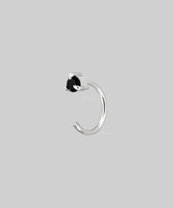 CLASSICS Round Black Spinel Huggie Hoop Earrings - Silver