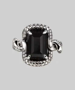 BLACK FRIDAY 2021 MALICE. Black Spinel Coiled Snake Cocktail Ring - Silver