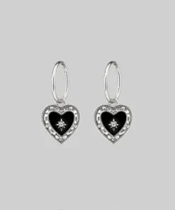 CLASSICS SOLEMN. Black Enamel Heart Hoop Earrings - Silver