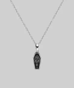 End Of Line MORALITY. Tiny Skeleton Coffin Silver Necklace