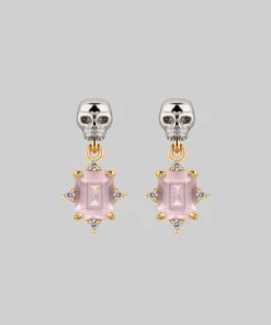VALENTINES 2022 STAR CROSSED LOVERS. Rose Quartz & Skull Earrings - Gold