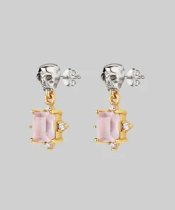 VALENTINES 2022 STAR CROSSED LOVERS. Rose Quartz & Skull Earrings - Gold
