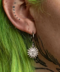 End Of Line LUMI. Sun Face Hoop Earrings - Silver