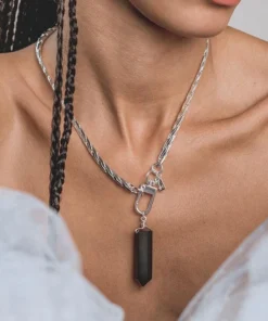 End Of Line SCARLET. Black Agate Pendant & Fob Clasp Necklace - Silver Necklaces & Chains