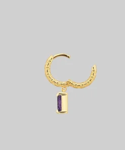 CLASSICS NYMPH. Dangly Amethyst Rectangle Hoop Earrings - Gold