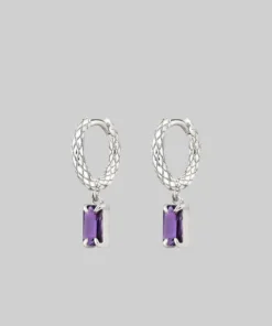 CLASSICS NYMPH. Dangly Amethyst Rectangle Hoop Earrings - Silver