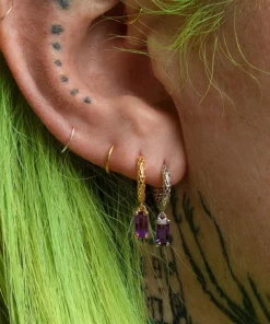 CLASSICS NYMPH. Dangly Amethyst Rectangle Hoop Earrings - Gold