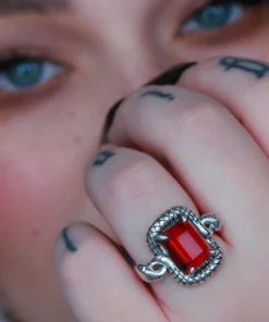 BLACK FRIDAY 2021 MALICE. Garnet CZ Coiled Snake Cocktail Ring - Silver Rings