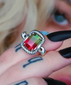 BLACK FRIDAY 2021 MALICE. Tourmaline CZ Coiled Snake Cocktail Ring - Silver